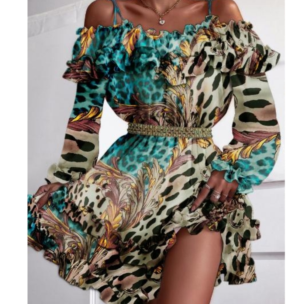 Leopard Print Cold Shoulder Ruffles Dress